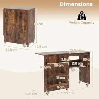 Inklapbare Naaimachinekast met Wielen – 2-in-1 Houten Bureau en Opbergmeubel voor Thuis en Kantoor