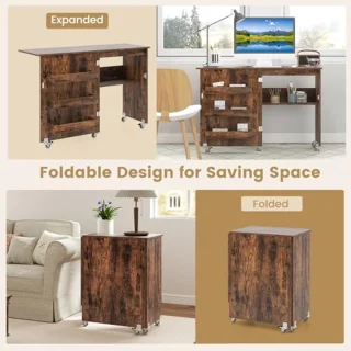 Inklapbare Naaimachinekast met Wielen – 2-in-1 Houten Bureau en Opbergmeubel voor Thuis en Kantoor