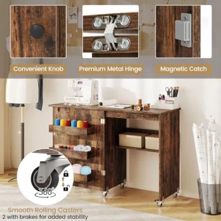 Inklapbare Naaimachinekast met Wielen – 2-in-1 Houten Bureau en Opbergmeubel voor Thuis en Kantoor