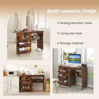 Inklapbare Naaimachinekast met Wielen – 2-in-1 Houten Bureau en Opbergmeubel voor Thuis en Kantoor