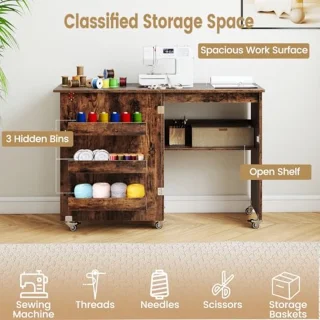 Inklapbare Naaimachinekast met Wielen – 2-in-1 Houten Bureau en Opbergmeubel voor Thuis en Kantoor