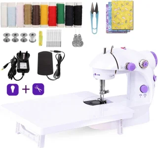 Miniatuur Naaimachine met Verlengtafel en Naaimachine Accessoires Katoenen Stof Twee Draden Dubbele Snelheid Dubbele Schakelaars Huishouden Kinderen Beginners Reizen Automatische Naaimachine