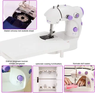 Miniatuur Naaimachine met Verlengtafel en Naaimachine Accessoires Katoenen Stof Twee Draden Dubbele Snelheid Dubbele Schakelaars Huishouden Kinderen Beginners Reizen Automatische Naaimachine