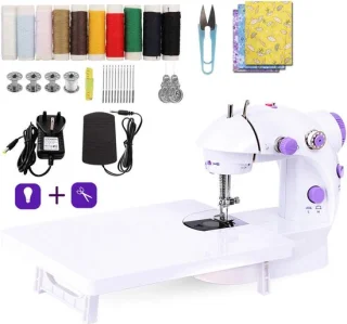Miniatuur Naaimachine met Verlengtafel en Naaimachine Accessoires Katoenen Stof Twee Draden Dubbele Snelheid Dubbele Schakelaars Huishouden Kinderen Beginners Reizen Automatische Naaimachine