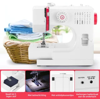 Naaimachine - 14 Steken - Dubbele draad stiksteek - Voetpedaal - Ingebouwde verlichting - Naaimachine kinderen - Wit