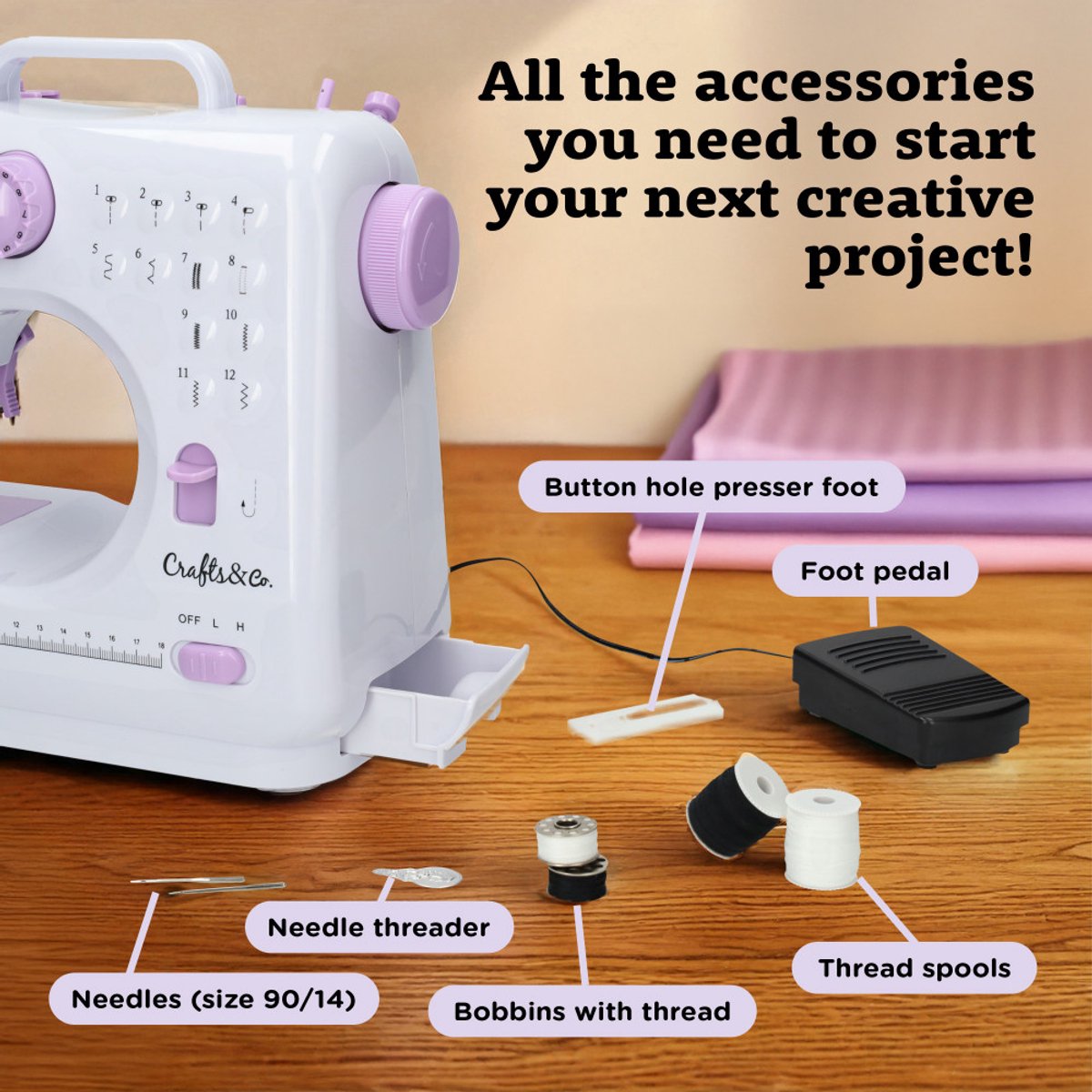 Crafts&Co Kindernaaimachine Wit met Naaiset