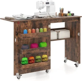 Inklapbare naaimachinekast met wielen - 2-in-1 houten bureau en opbergmeubel