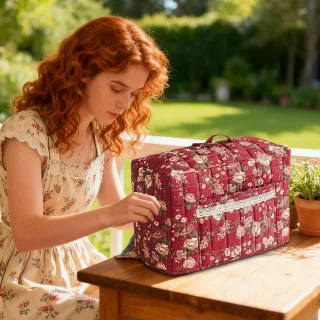 Naaimachine draagtas met vintage bloemenprint, 43 x 35 x 6 cm, rood