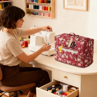 Naaimachinehoes met vintage bloemenprint, 43 x 35 cm, rood