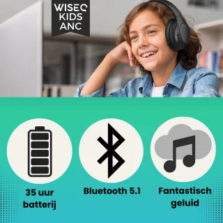 Koptelefoon voor Kinderen met Noise Cancelling ANC - Microfoon – Bluetooth – Geluidsdempend - Draadloze Hoofdtelefoon Kind - Zwart
