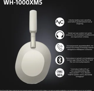 Sony WH-1000XM5 Draadloze Koptelefoon Zilver
