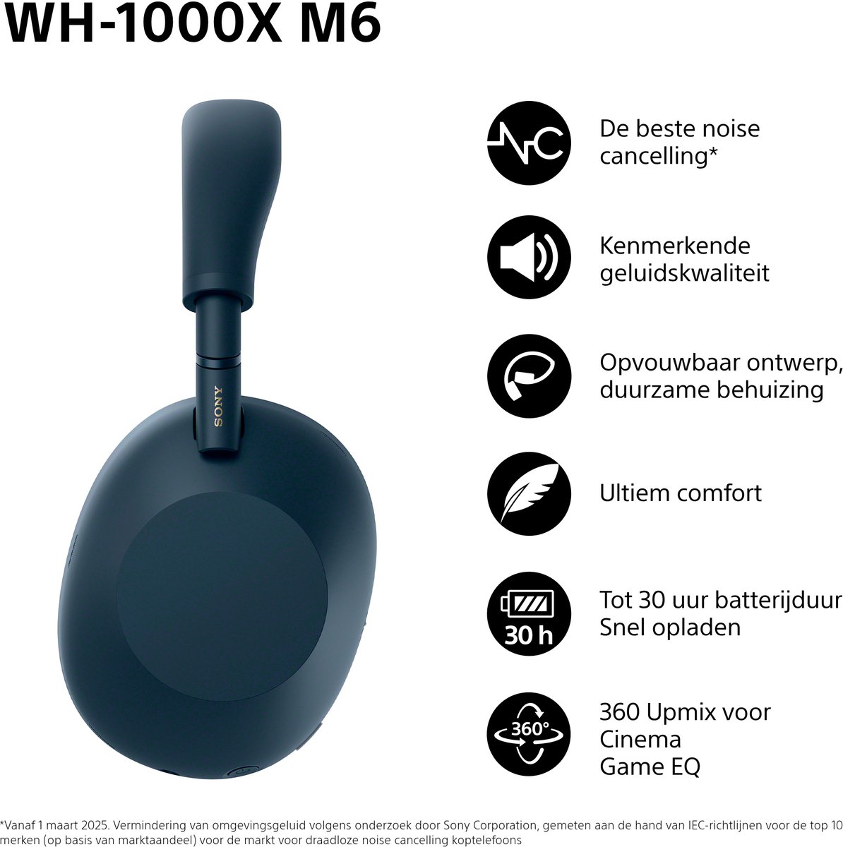 Sony WH-1000XM6 Draadloze Koptelefoon Blauw