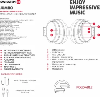 Swissten Jumbo Bluetooth Over-ear Koptelefoon Zwart