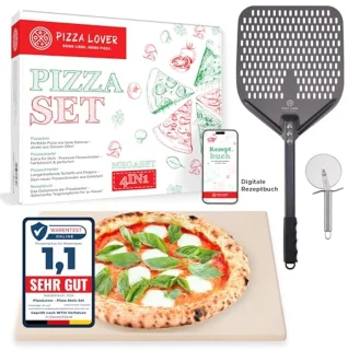 Premium pizzasteenset voor oven en grill - 4-in-1 inclusief pizzasnijder en geperforeerde pizzaschuiver