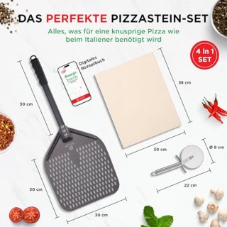 Wat vinden we goed aan de Premium pizzasteenset voor oven en grill - 4-in-1 inclusief pizzasnijder en geperforeerde pizzaschuiver