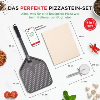 Premium pizzasteenset voor oven en grill - 4-in-1 inclusief pizzasnijder en geperforeerde pizzaschuiver