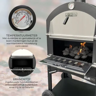 KuKoo Pizza oven buiten - inclusief pizzaschep + pizzasnijder - 64 cm x 43 cm x 156 cm - houtskool -Staal - multifunctionele buitenoven - pizza bbq