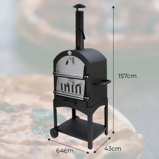 KuKoo Pizza oven buiten - inclusief pizzaschep + pizzasnijder - 64 cm x 43 cm x 156 cm - houtskool -Staal - multifunctionele buitenoven - pizza bbq