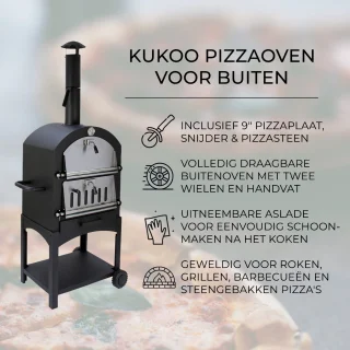 KuKoo Pizza oven buiten - inclusief pizzaschep + pizzasnijder - 64 cm x 43 cm x 156 cm - houtskool -Staal - multifunctionele buitenoven - pizza bbq