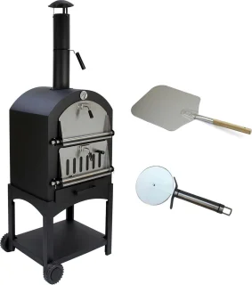 KuKoo Pizza oven buiten - inclusief pizzaschep + pizzasnijder - 64 cm x 43 cm x 156 cm - houtskool -Staal - multifunctionele buitenoven - pizza bbq