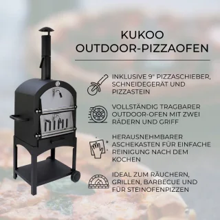 KuKoo Pizza oven buiten - inclusief pizzaschep + pizzasnijder - 64 cm x 43 cm x 156 cm - houtskool -Staal - multifunctionele buitenoven - pizza bbq