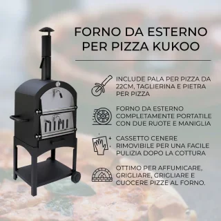 KuKoo Pizza oven buiten - inclusief pizzaschep + pizzasnijder - 64 cm x 43 cm x 156 cm - houtskool -Staal - multifunctionele buitenoven - pizza bbq