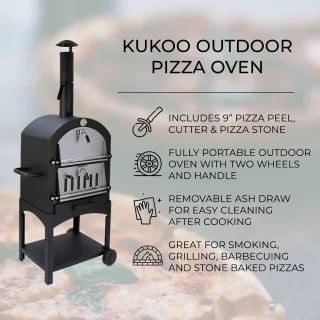 KuKoo Pizza oven buiten - inclusief pizzaschep + pizzasnijder - 64 cm x 43 cm x 156 cm - houtskool -Staal - multifunctionele buitenoven - pizza bbq