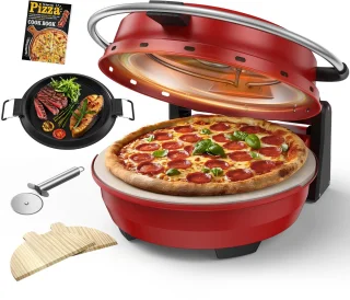 2-in-1 Elektrische Pizzaoven – 4 Min Pizza - Grillplaat - 5 Temperatuurniveaus - 32cm Pizzasteen - Max 400°C - 1500W - Rood - Voor Thuis & Keuken