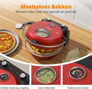 2-in-1 Elektrische Pizzaoven – 4 Min Pizza - Grillplaat - 5 Temperatuurniveaus - 32cm Pizzasteen - Max 400°C - 1500W - Rood - Voor Thuis & Keuken