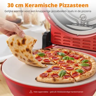 2-in-1 Elektrische Pizzaoven – 4 Min Pizza - Grillplaat - 5 Temperatuurniveaus - 32cm Pizzasteen - Max 400°C - 1500W - Rood - Voor Thuis & Keuken