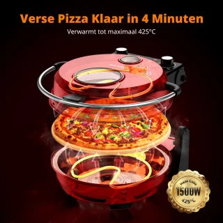 2-in-1 Elektrische Pizzaoven – 4 Min Pizza - Grillplaat - 5 Temperatuurniveaus - 32cm Pizzasteen - Max 400°C - 1500W - Rood - Voor Thuis & Keuken