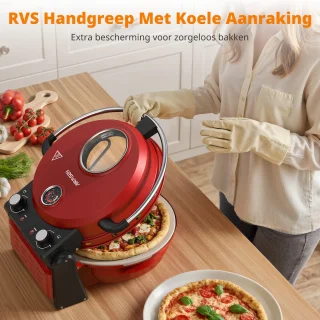 2-in-1 Elektrische Pizzaoven – 4 Min Pizza - Grillplaat - 5 Temperatuurniveaus - 32cm Pizzasteen - Max 400°C - 1500W - Rood - Voor Thuis & Keuken