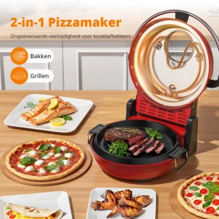 2-in-1 Elektrische Pizzaoven – 4 Min Pizza - Grillplaat - 5 Temperatuurniveaus - 32cm Pizzasteen - Max 400°C - 1500W - Rood - Voor Thuis & Keuken