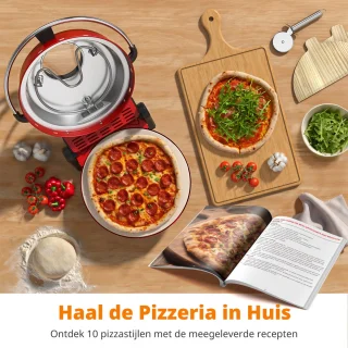 2-in-1 Elektrische Pizzaoven – 4 Min Pizza - Grillplaat - 5 Temperatuurniveaus - 32cm Pizzasteen - Max 400°C - 1500W - Rood - Voor Thuis & Keuken