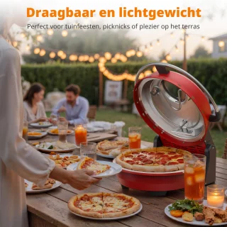 2-in-1 Elektrische Pizzaoven – 4 Min Pizza - Grillplaat - 5 Temperatuurniveaus - 32cm Pizzasteen - Max 400°C - 1500W - Rood - Voor Thuis & Keuken