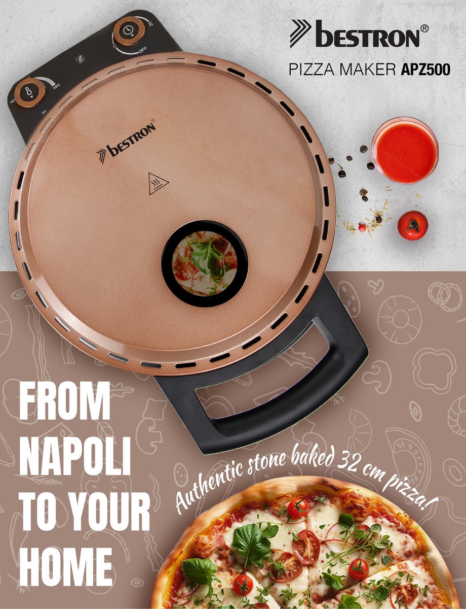 Bestron Turbo Pizzaoven Copper Collection elektrische pizzaoven met pizzasteen en houten spatels