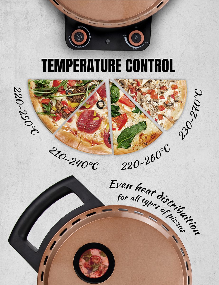 Bestron Turbo Pizzaoven Copper Collection elektrische pizzaoven met pizzasteen en houten spatels