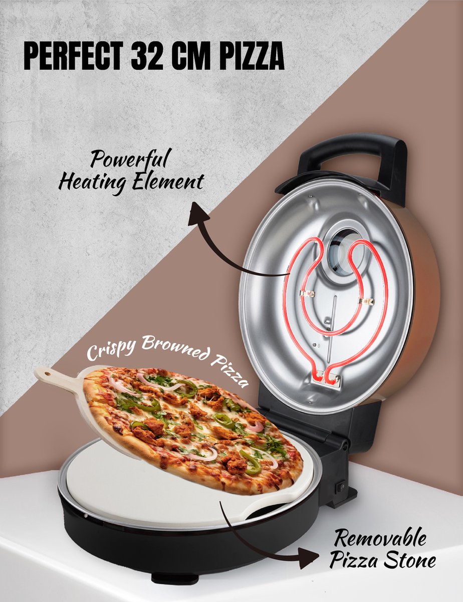 Bestron Turbo Pizzaoven Copper Collection elektrische pizzaoven met pizzasteen en houten spatels