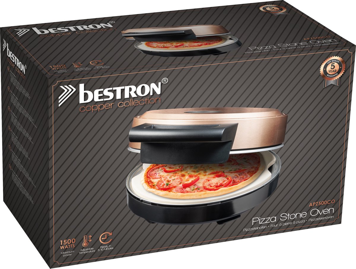 Bestron Turbo Pizzaoven Copper Collection elektrische pizzaoven met pizzasteen en houten spatels