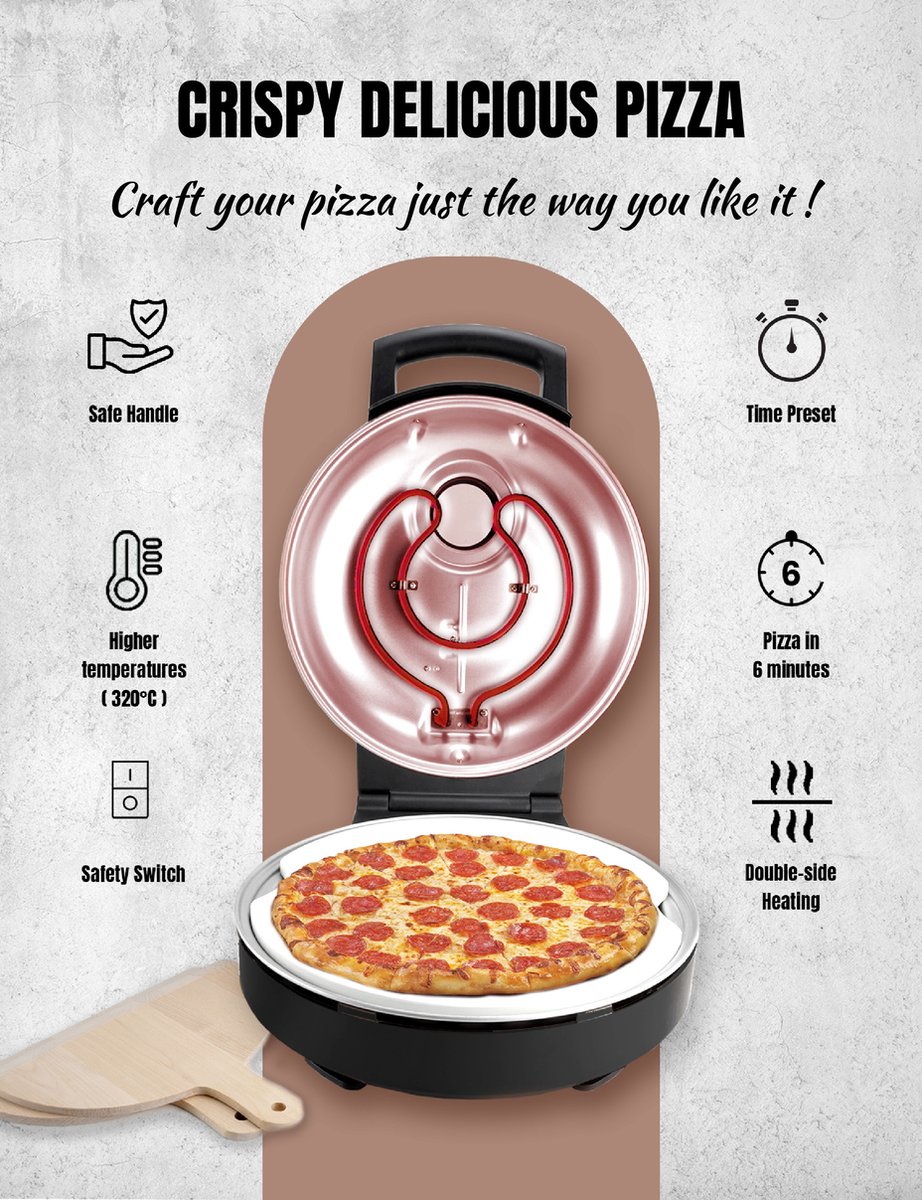 Bestron Turbo Pizzaoven Copper Collection elektrische pizzaoven met pizzasteen en houten spatels