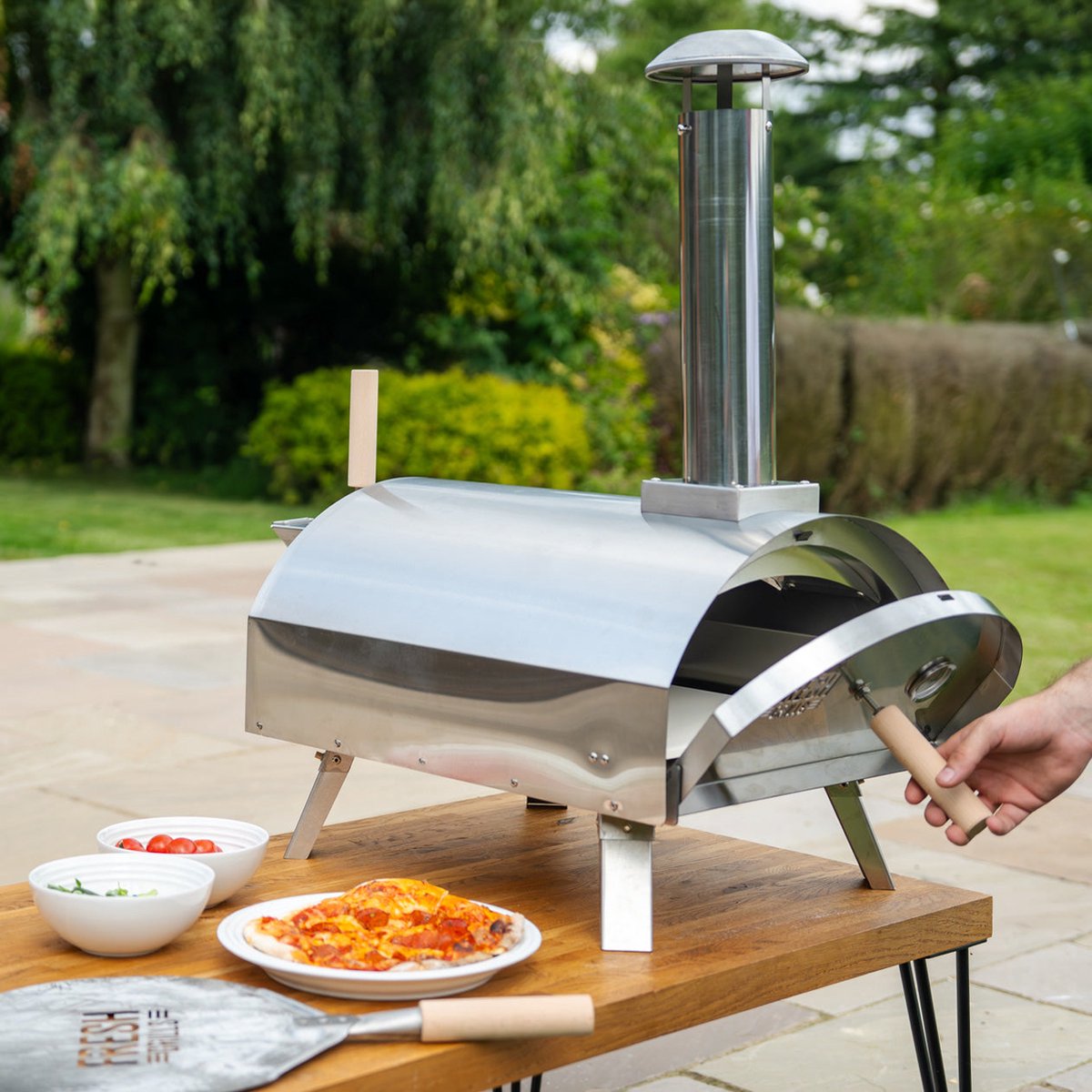 Buitentafelpizzaoven 35 cm dubbelwandig roestvrij staal zilver