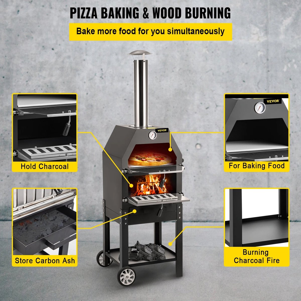 Collox 2-laags houtvuur pizza oven met wielen en pizzasteen