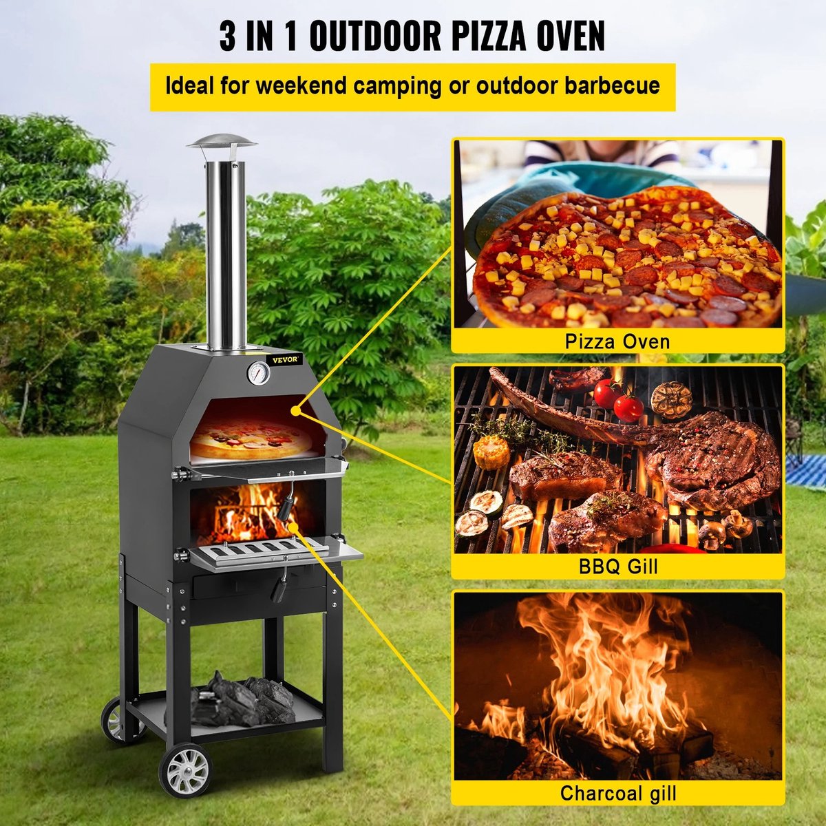 Collox 2-laags houtvuur pizza oven met wielen en pizzasteen