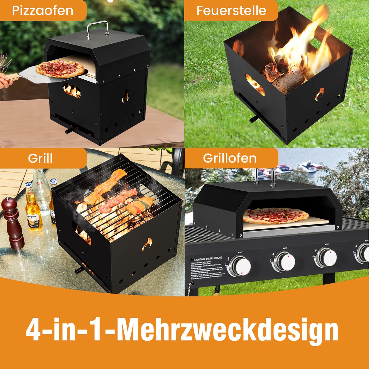 COSTWAY 4-in-1 houtgestookte pizzaoven en grill