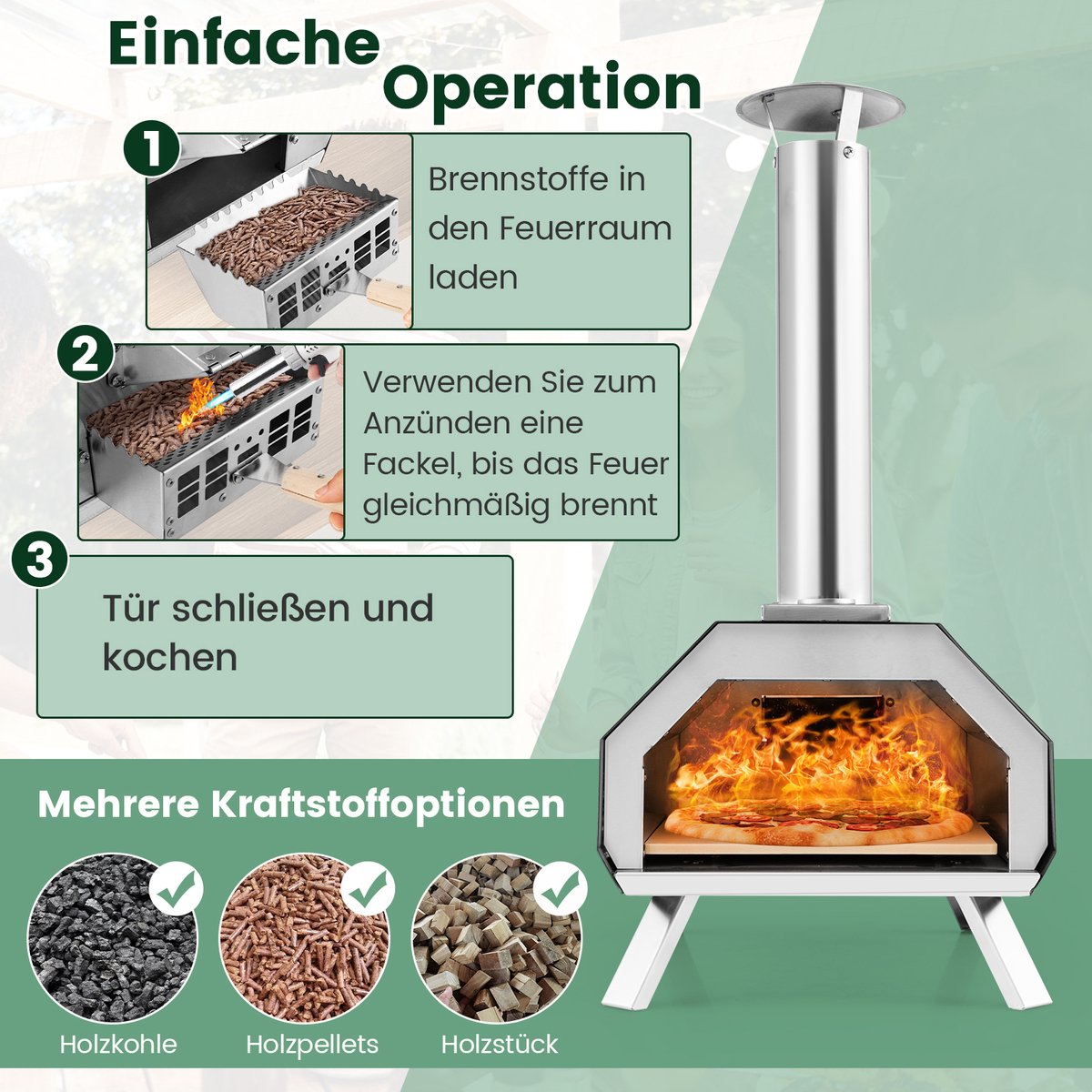 COSTWAY Draagbare Outdoor Pizzaoven van Roestvrij Staal