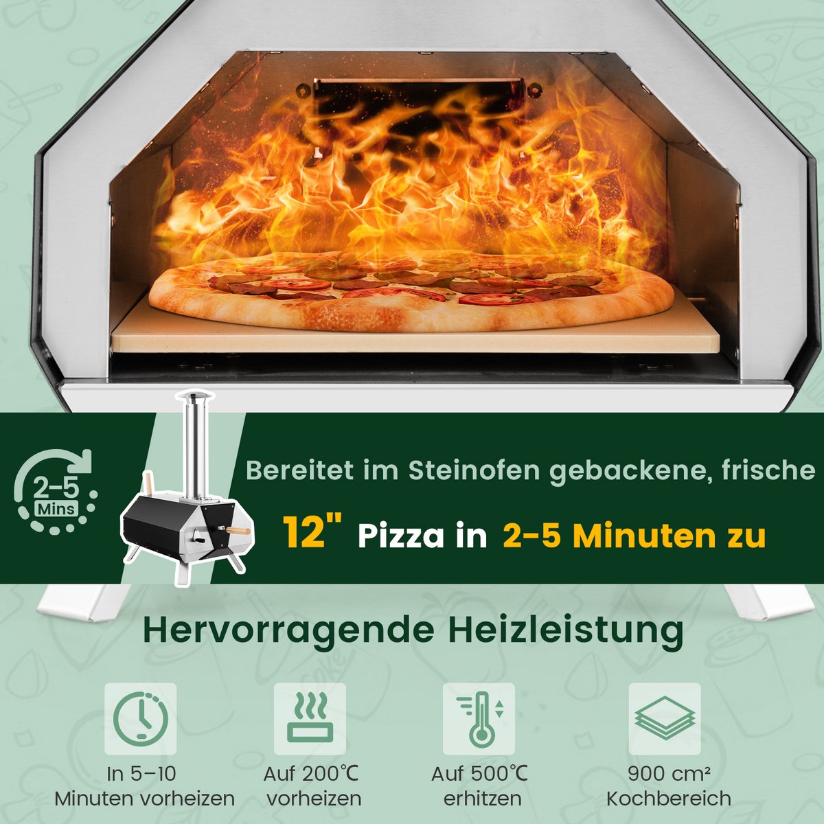 COSTWAY Draagbare Outdoor Pizzaoven van Roestvrij Staal