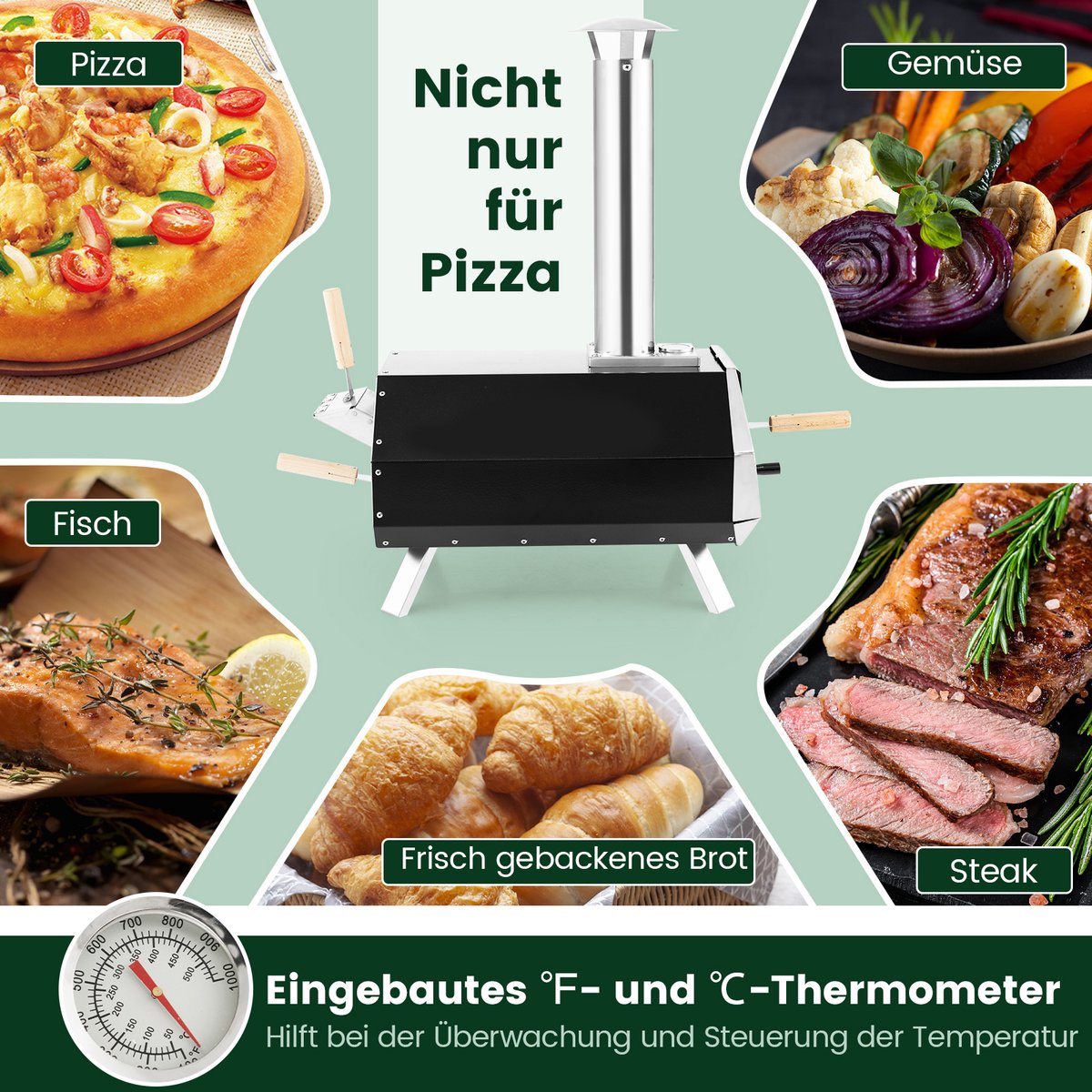 COSTWAY Draagbare Outdoor Pizzaoven van Roestvrij Staal