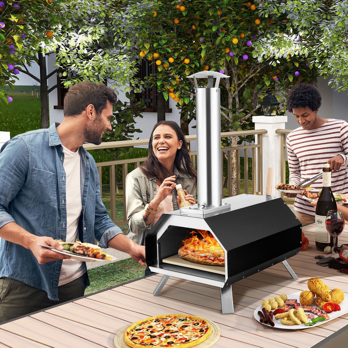 COSTWAY Draagbare Outdoor Pizzaoven van Roestvrij Staal