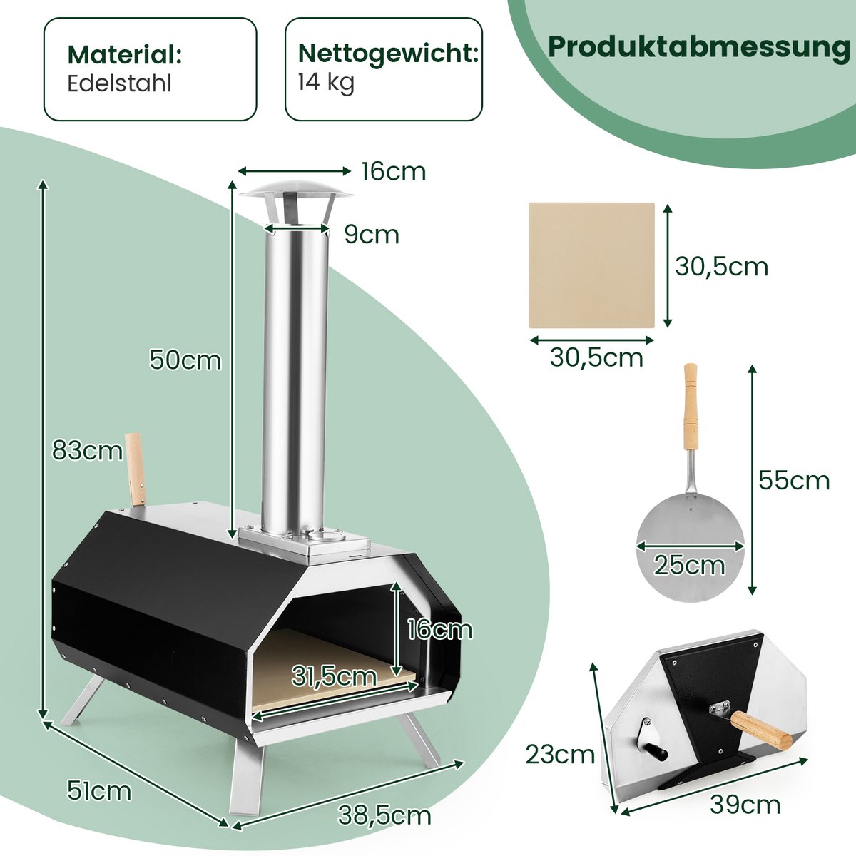 COSTWAY Draagbare Outdoor Pizzaoven van Roestvrij Staal