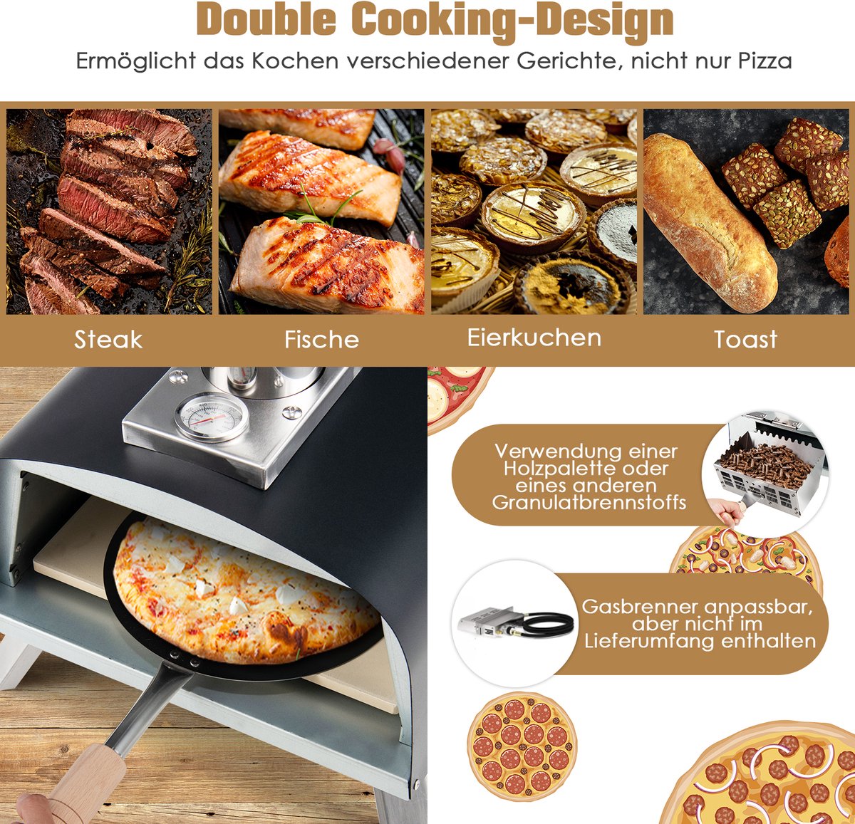COSTWAY Draagbare Pizza Oven Gas & Hout